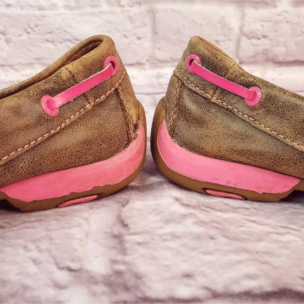 Youth Twisted boots driving bomber moc pink leather shoes size 1 (3t)